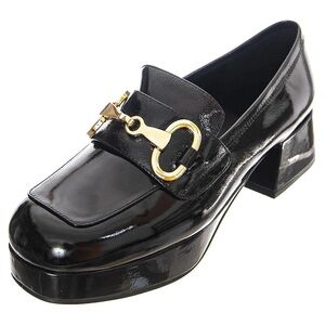 Jeffrey Campbell Student Black Patent Loafers with Gold Buckle